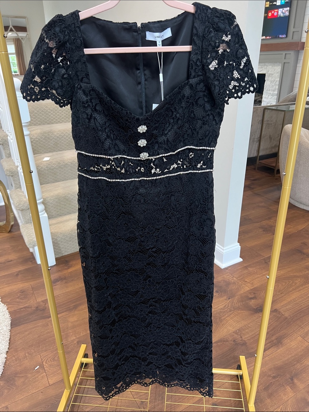 Likely Black Lace Midi Dress with Pearl Trim